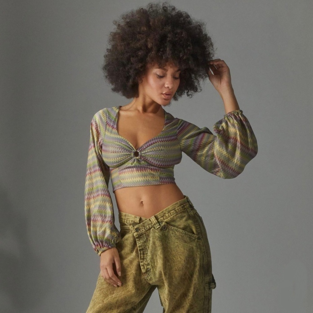 Nwot Urban Outfitters Kary Keyhole Tie-Back Long-sleeve Top in Purple Multi XS